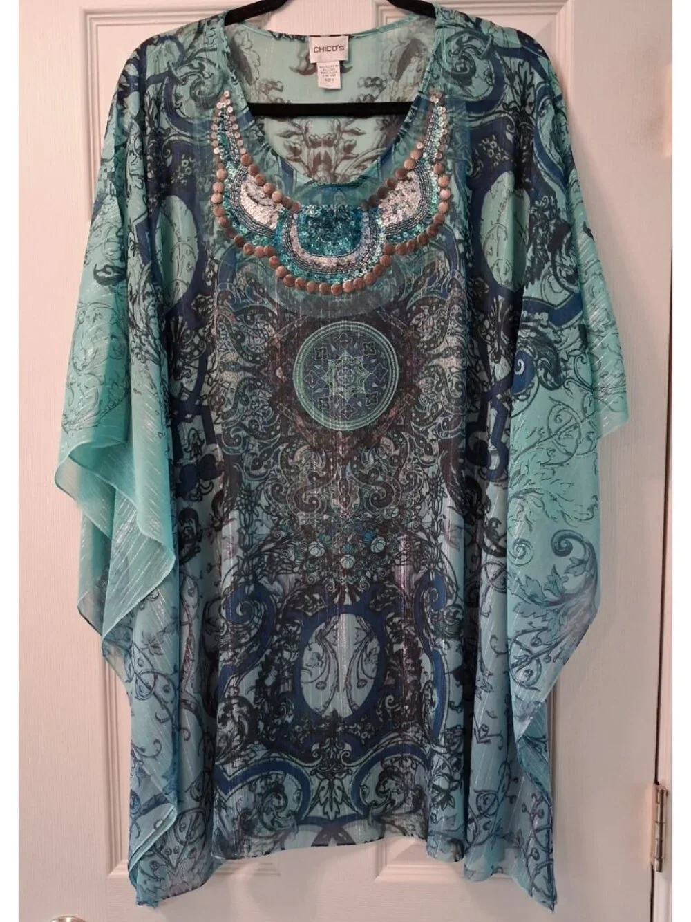 Chicos Size 2 US-L (12) Womens Batwing Embellished Sheer Poncho-Style Cover Up - Picture 1 of 9
